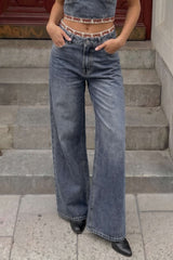 Denim Patchwork Straight Leg Jeans