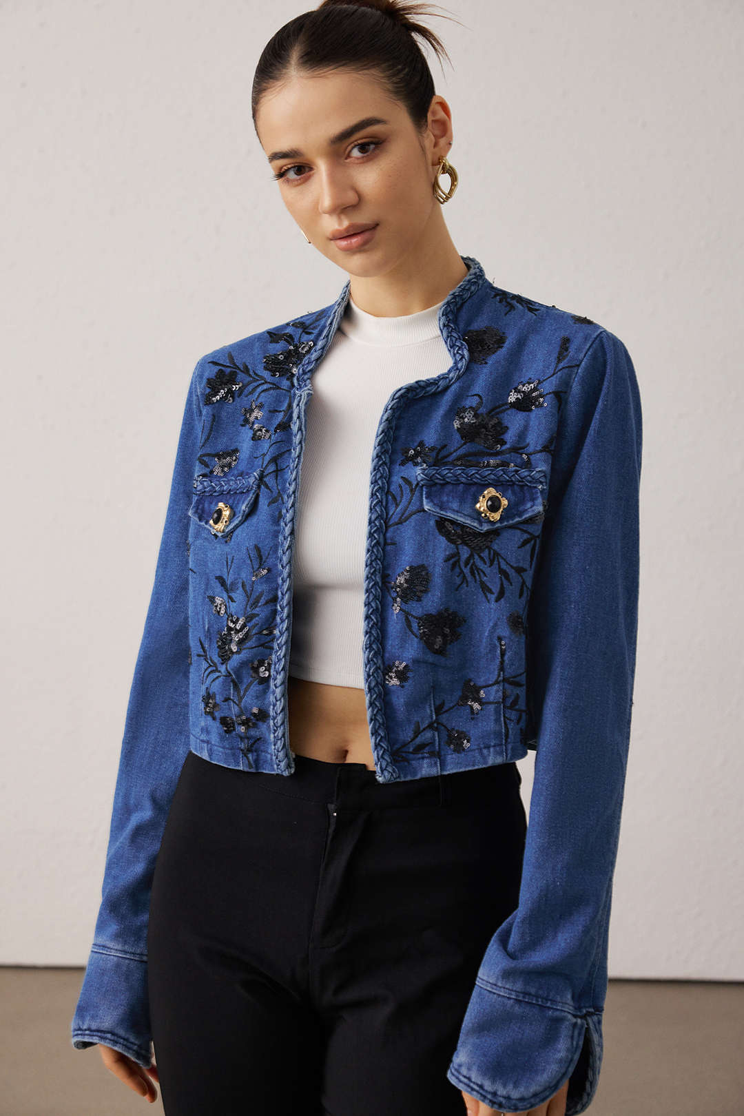 Denim Patchwork Sequin Embroidery Jacket