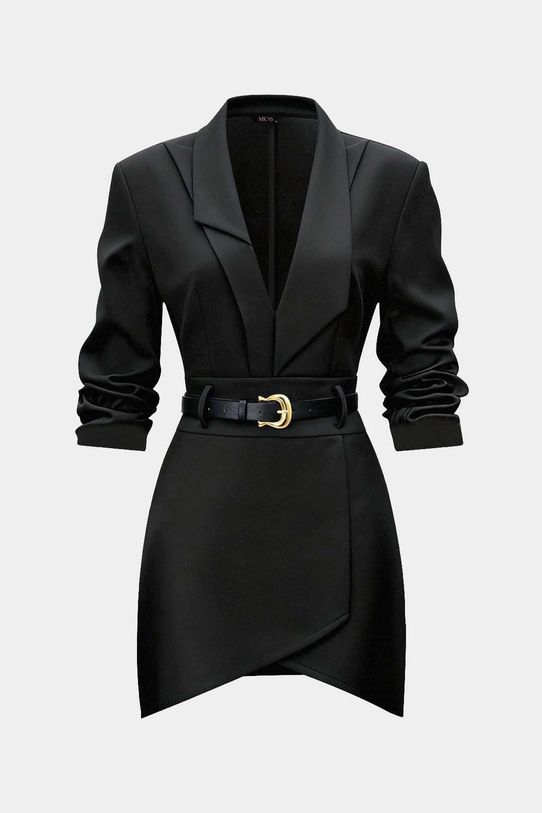 Asymmetrical Notched Lapel Belted Long Sleeve Mini Dress