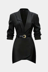 Asymmetrical Notched Lapel Belted Long Sleeve Mini Dress