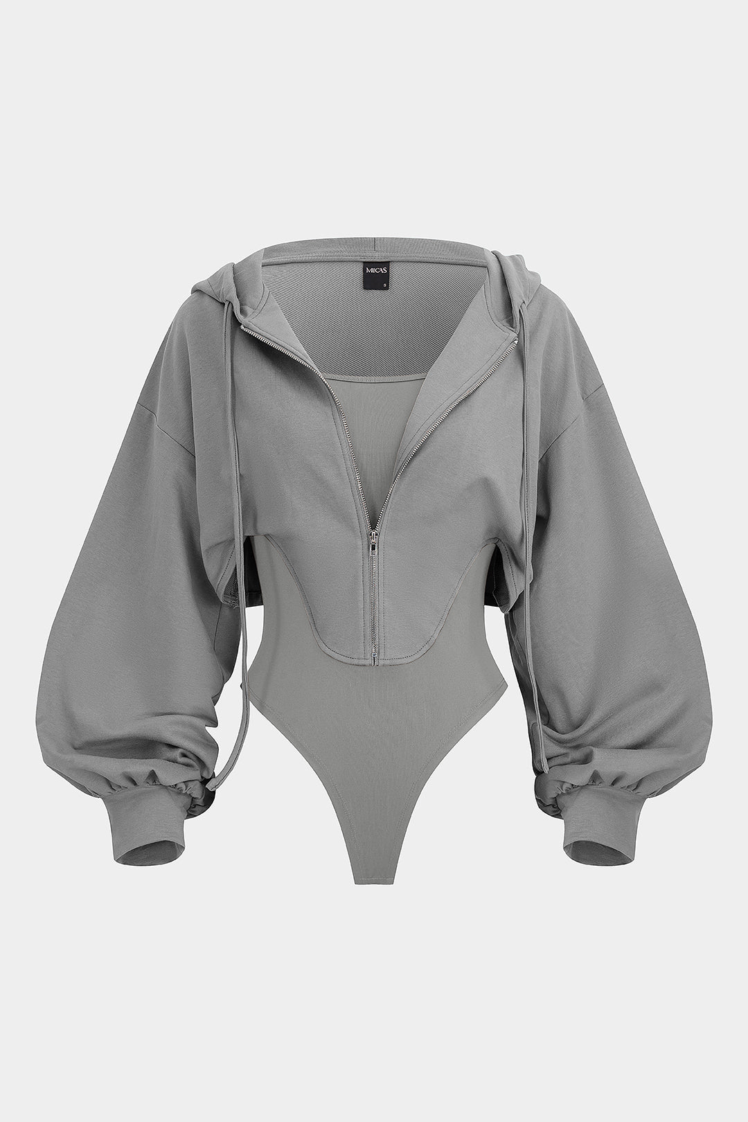 Contrast Hooded Zipper Drawstrings Long-Sleeve Bodysuit