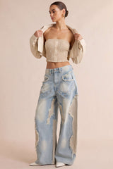 Button Smocked Tube Top And Lapel Long-Sleeve Shirt