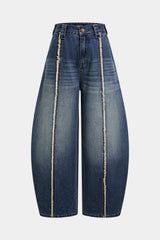 Denim Fringe Asymmetrical Pocket Horseshoe Jeans