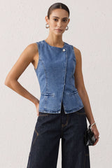 Denim Round Neck Asymmetrical Vest