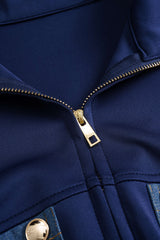 Contrast Print Denim Patchwork Smocked Zipper Jacket