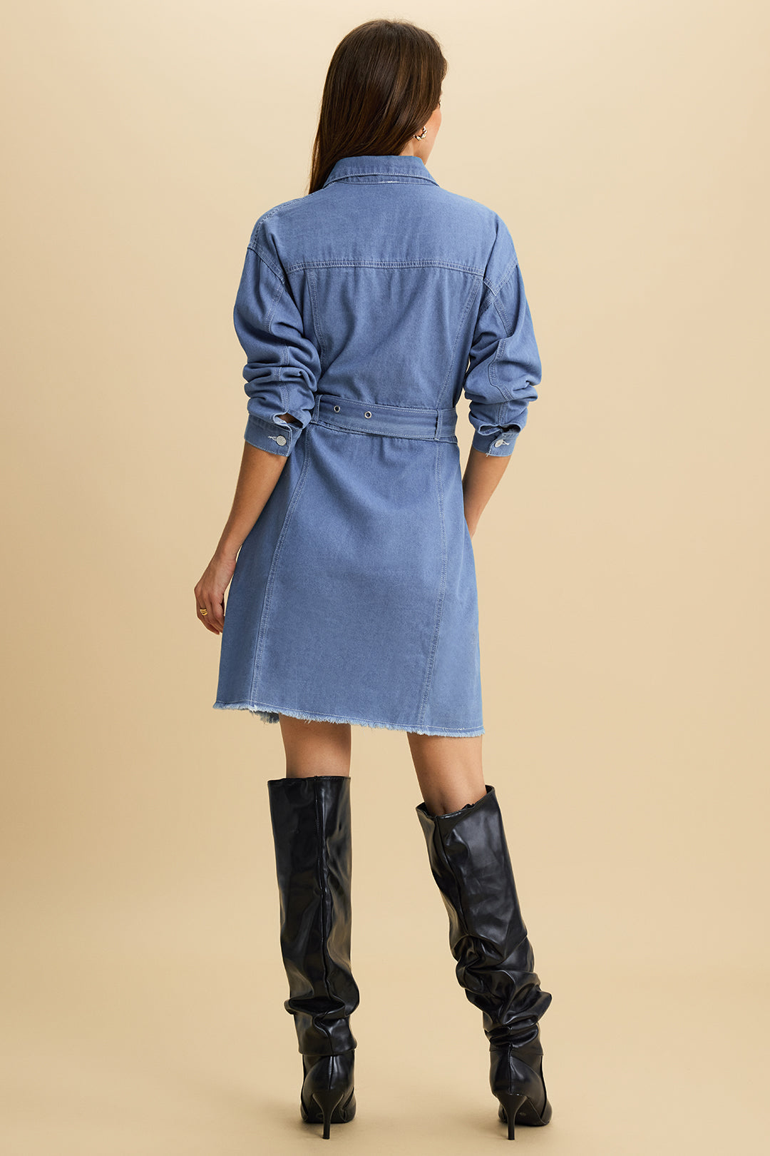 Denim Tie Front Long Sleeve Mini Dress