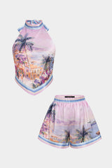 Artistic Floral Print Halter Neck Tie-Up Top And Shorts Set