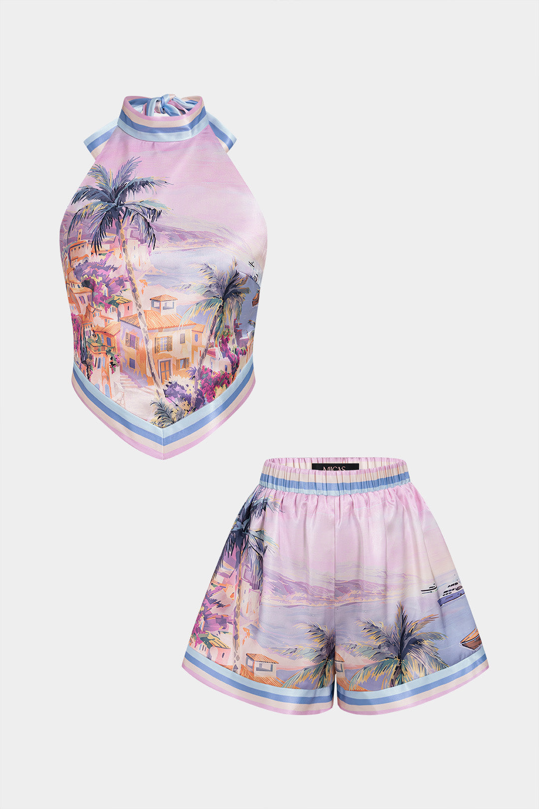Artistic Floral Print Halter Neck Tie-Up Top And Shorts Set