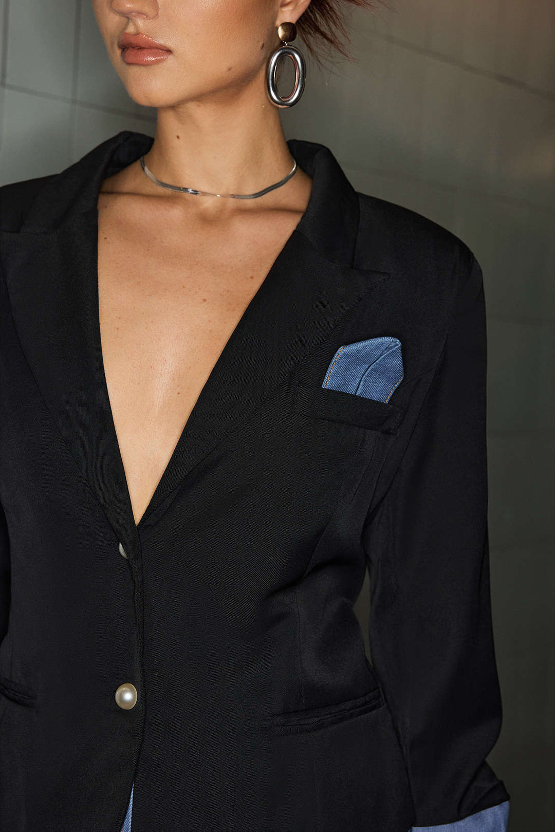 Denim Patchwork Notched Lapel Blazer