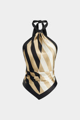 Contrast Stripes Print Satin Halter Neck Backless Tank Top