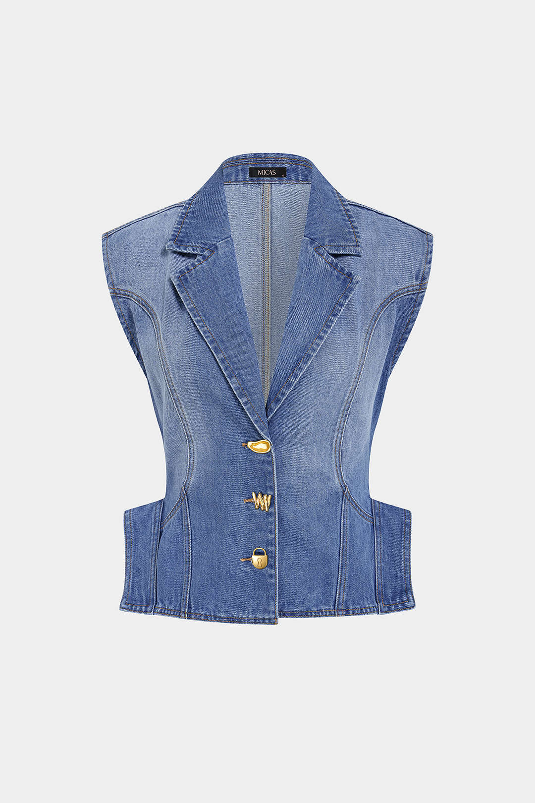 Denim Notched Lapel Metallic Button Vest