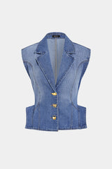 Denim Notched Lapel Metallic Button Vest