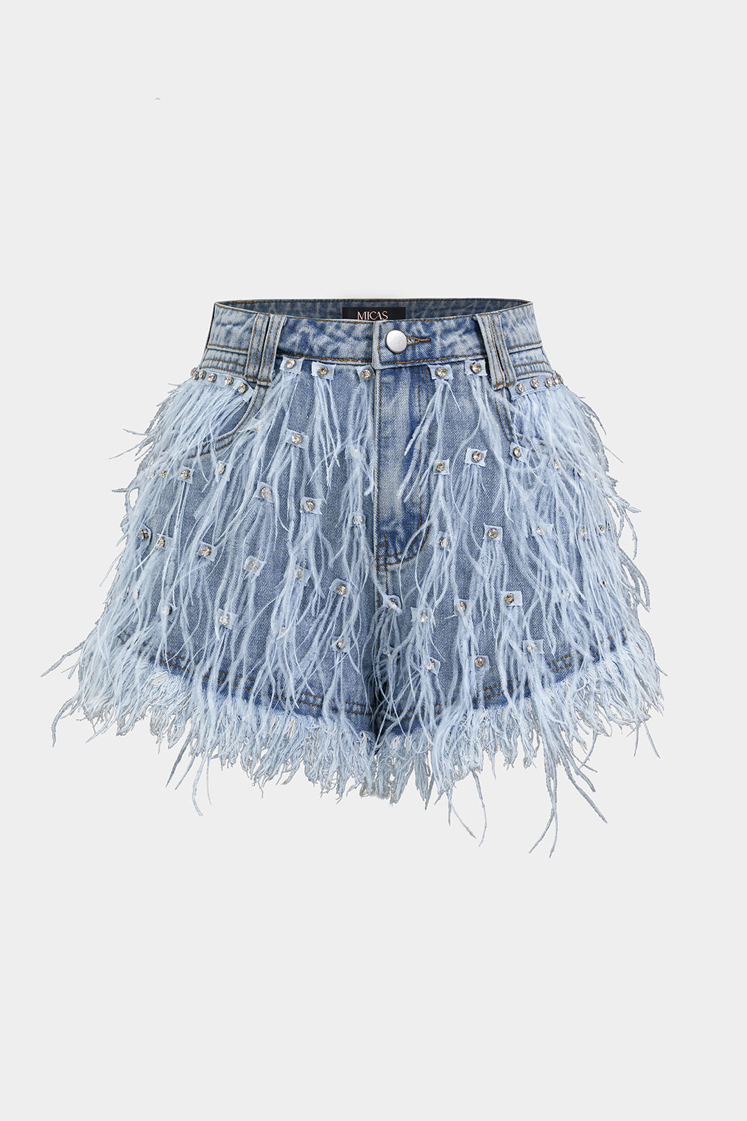 Denim Rhinestone Feather Frayed Wide Leg Shorts