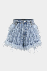 Denim Rhinestone Feather Frayed Wide Leg Shorts
