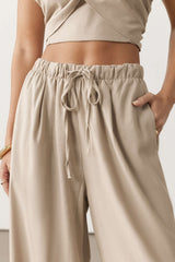Crossed Halter Neck Ruched Tie-Up Top And Straight Leg Pants Set