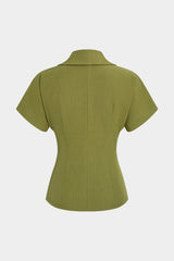 Asymmetrical Lapel Metallic Button Short-Sleeve Shirt
