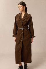 Corduroy Notched Lapel Button Pocket Belted Long Sleeve Midi Dress