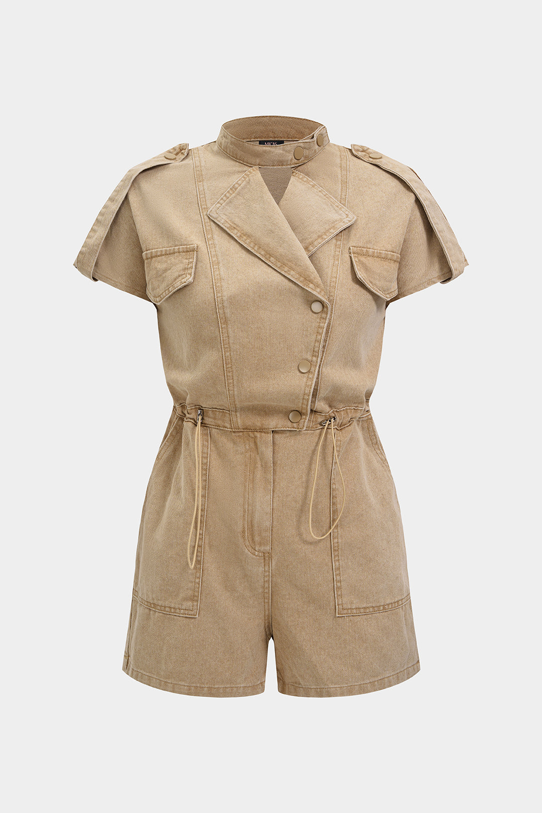 Denim Lapel Button Pocket Drawstring Short Sleeve Romper