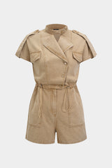 Denim Lapel Button Pocket Drawstring Short Sleeve Romper