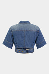 Denim Lapel Button Short Sleeve Cropped Shirt
