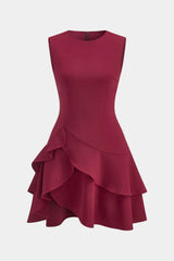 Asymmetrical Round Neck Ruffle Hem Sleeveless Mini Dress