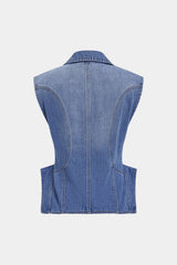 Denim Notched Lapel Metallic Button Vest