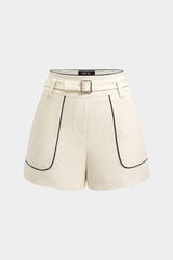 Contrast Binding Belted Zipper Shorts
