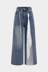 Denim Mesh Patchwork Belted Asymmetrical Rhinestone Decor Jeans
