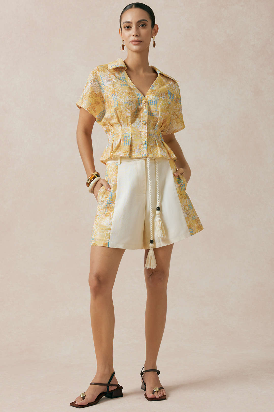 Contrast Print Linen Wide Leg Shorts