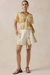 Contrast Print Linen Wide Leg Shorts