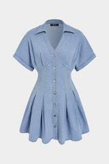 Denim V-Neck Ruched Short Sleeve Mini Dress