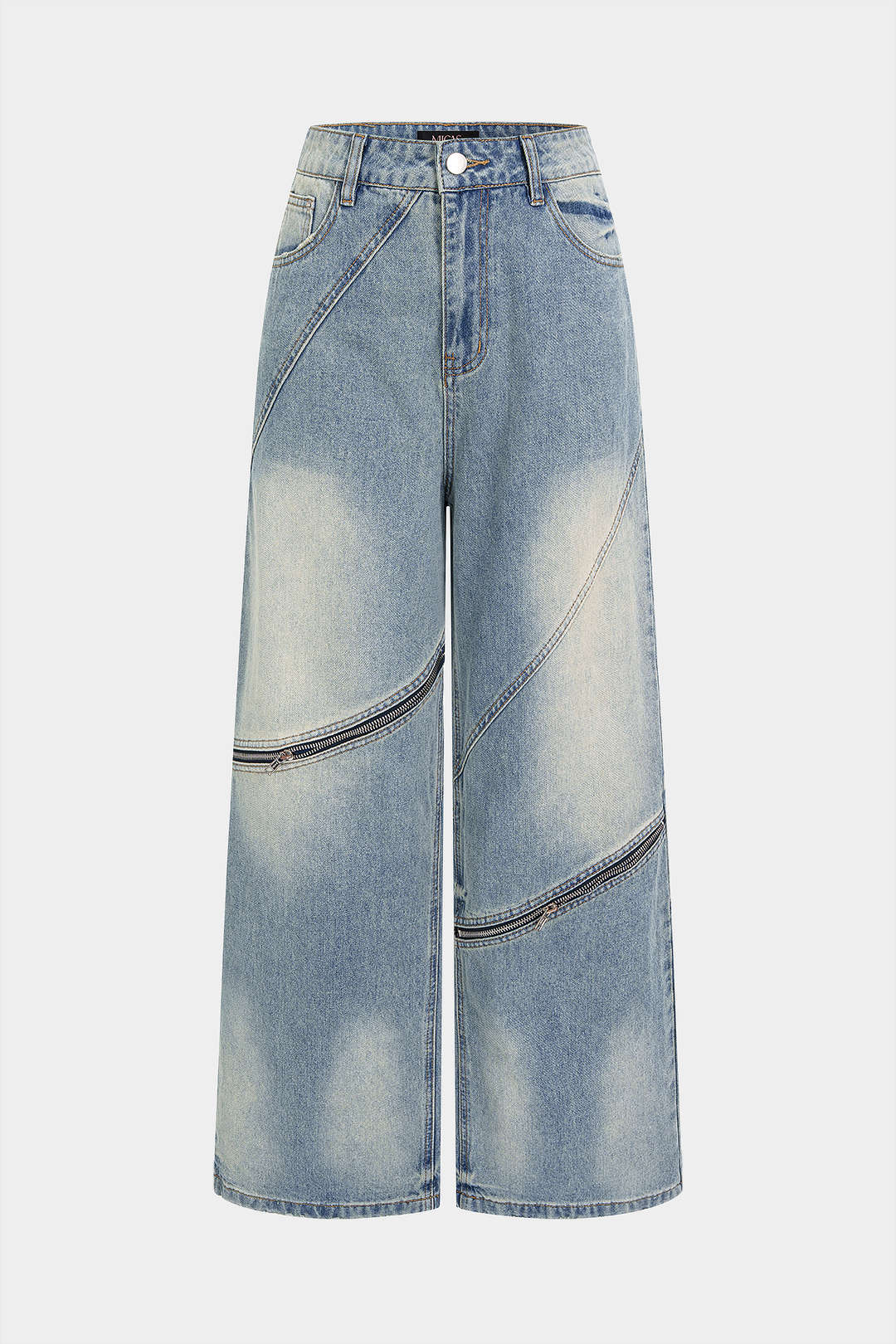 Denim Asymmetrical Zipper Pocket Straight Leg Jeans