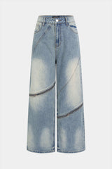 Denim Asymmetrical Zipper Pocket Straight Leg Jeans
