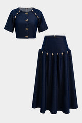Denim Metallic Button Short Sleeve Top  And Tie-Up Skirt Set