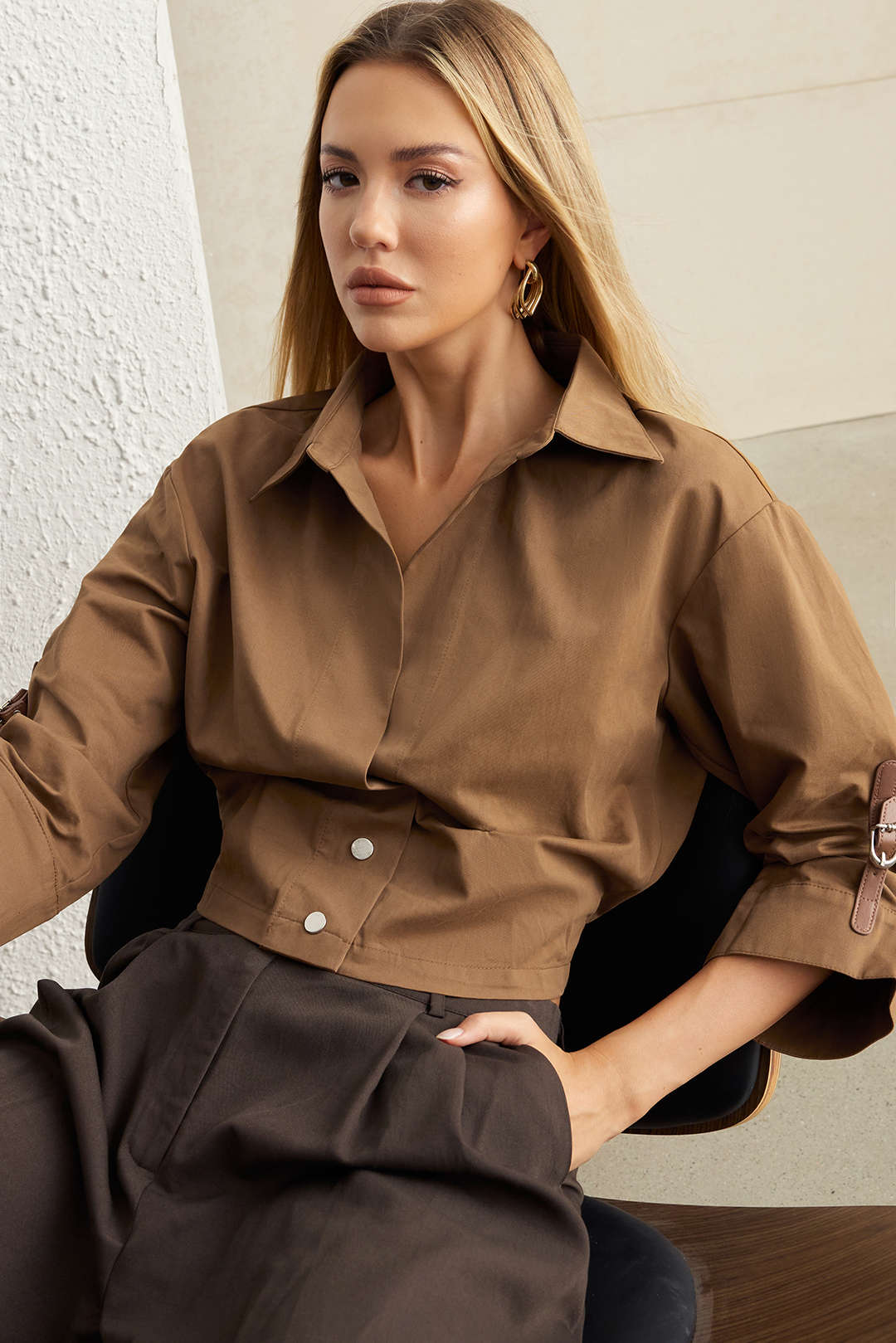 Button Ruched Short-Sleeve Shirt