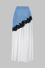 Denim Patchwork Lace Trim Asymmetrical Skirt