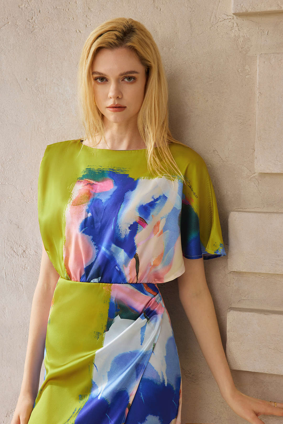Abstract Print Satin Asymmetrical Short-Sleeve Maxi Dress