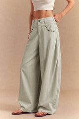 Denim Studded Rivet Ruched Wide Leg Jeans
