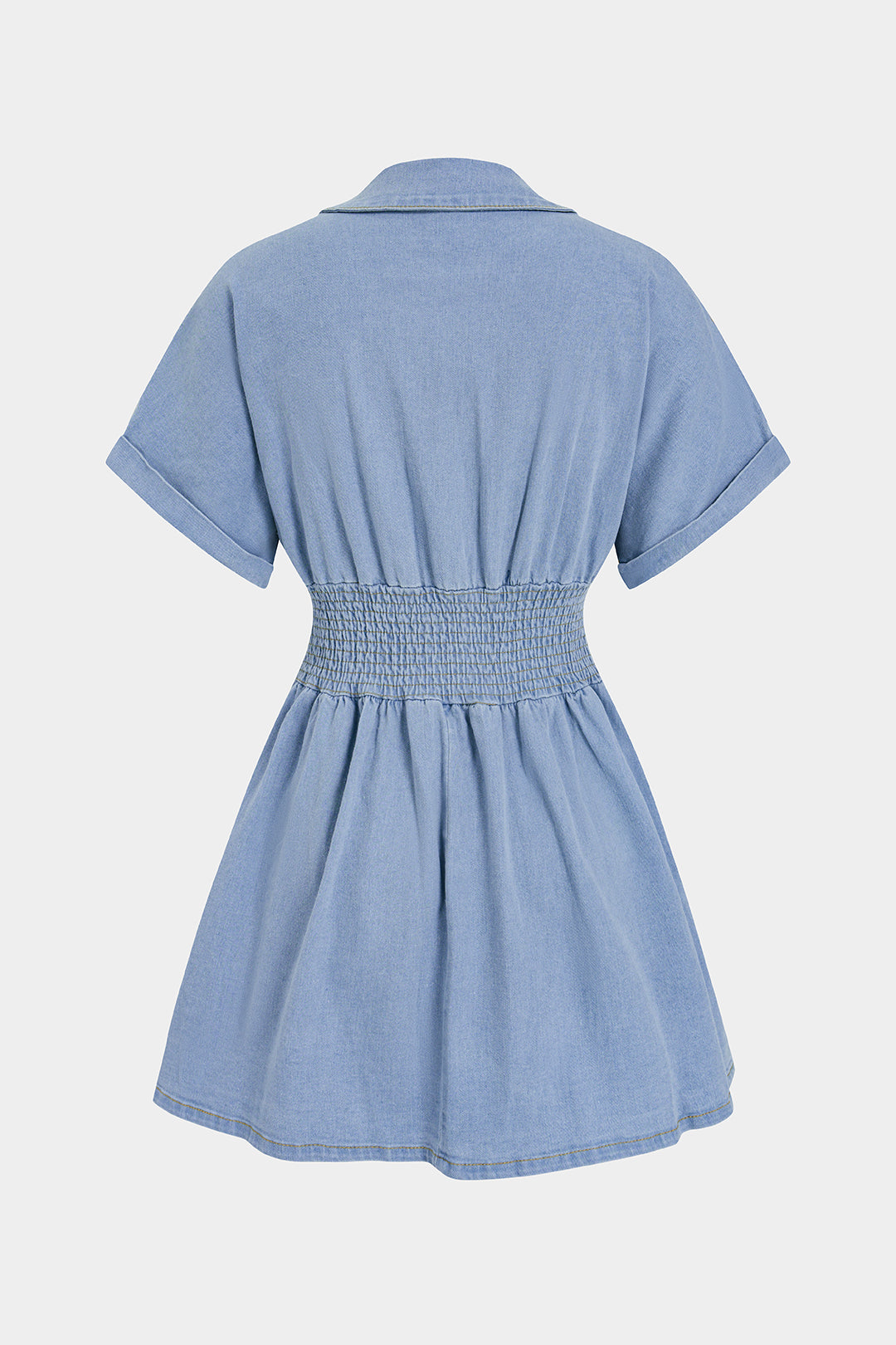 Denim V-Neck Ruched Short Sleeve Mini Dress