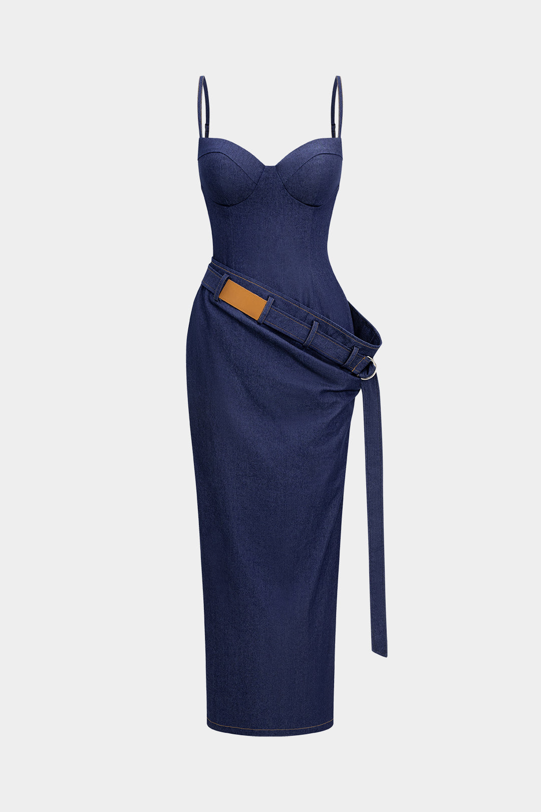 Denim Asymmetrical Ruched Bustier Belted Zipper Maxi Dress