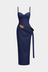Denim Asymmetrical Ruched Bustier Belted Zipper Maxi Dress