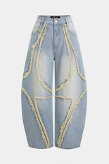 Denim Frayed Pocket Barrel Jeans