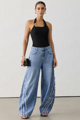 Denim Frayed Wide Leg Jeans