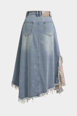 Denim Patchwork Plaid Print Ripped Asymmetrical Skirt