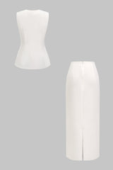 Button Round Neck Tank Top And Solid Skirt Set