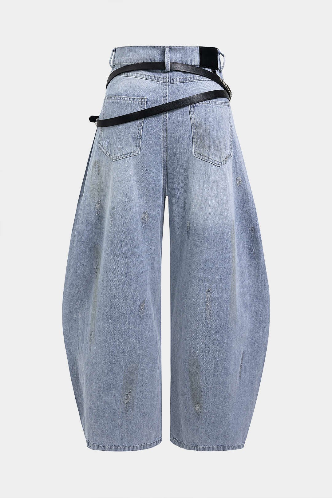 Denim Belted Frayed High Waist Zipper Wide Leg Jeans