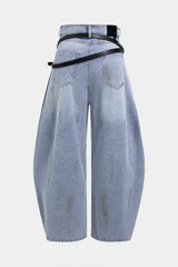 Denim Belted Frayed High Waist Zipper Wide Leg Jeans