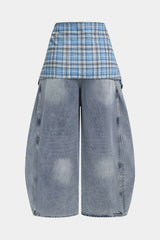 Denim Plaid Print Tie-Up Pocket High Waist Jeans