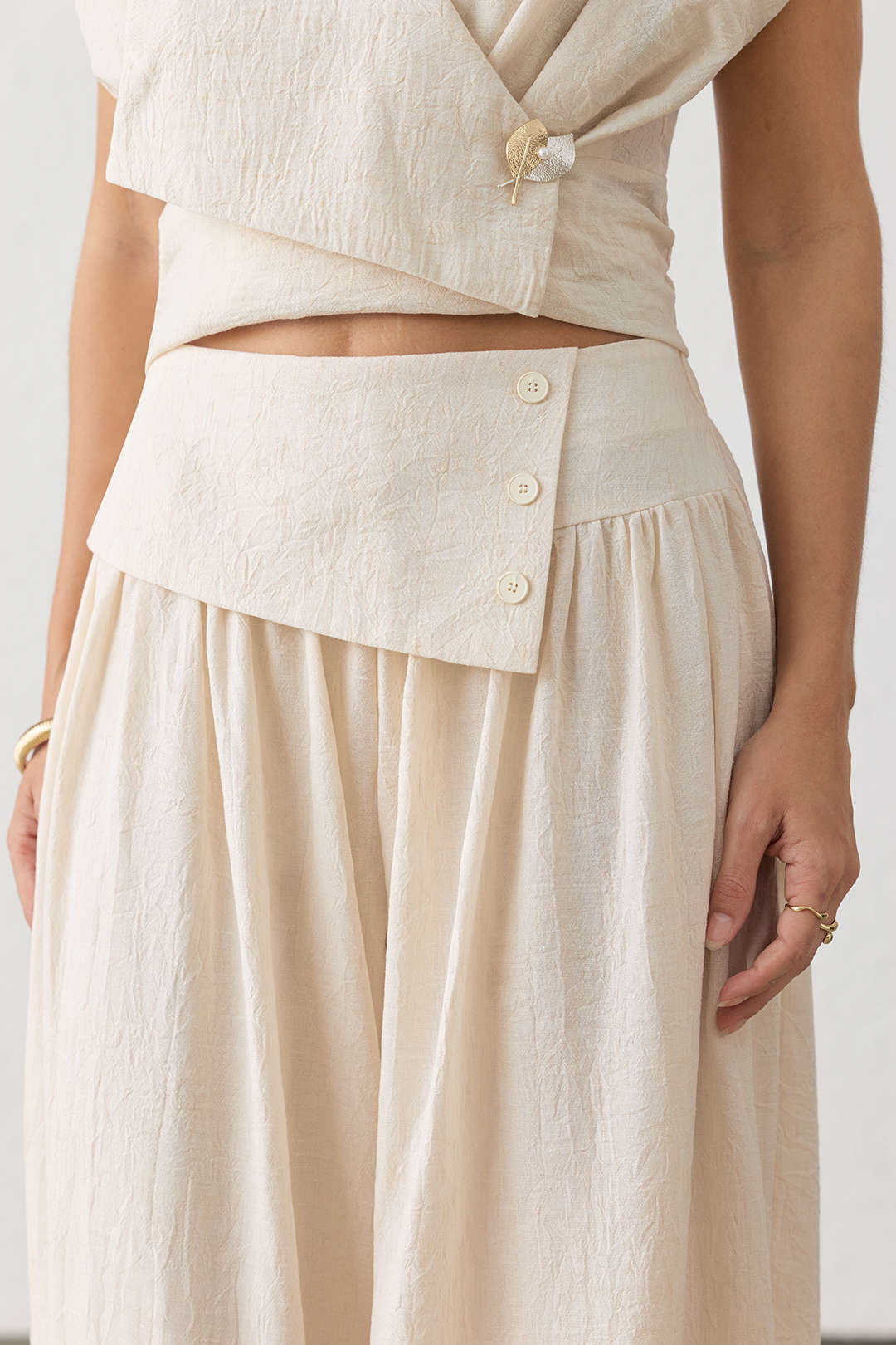 Asymmetrical Button Ruched Wide Leg Pants
