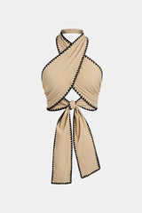Contrast Binding Crossed Tie-Up Backless Tank Top